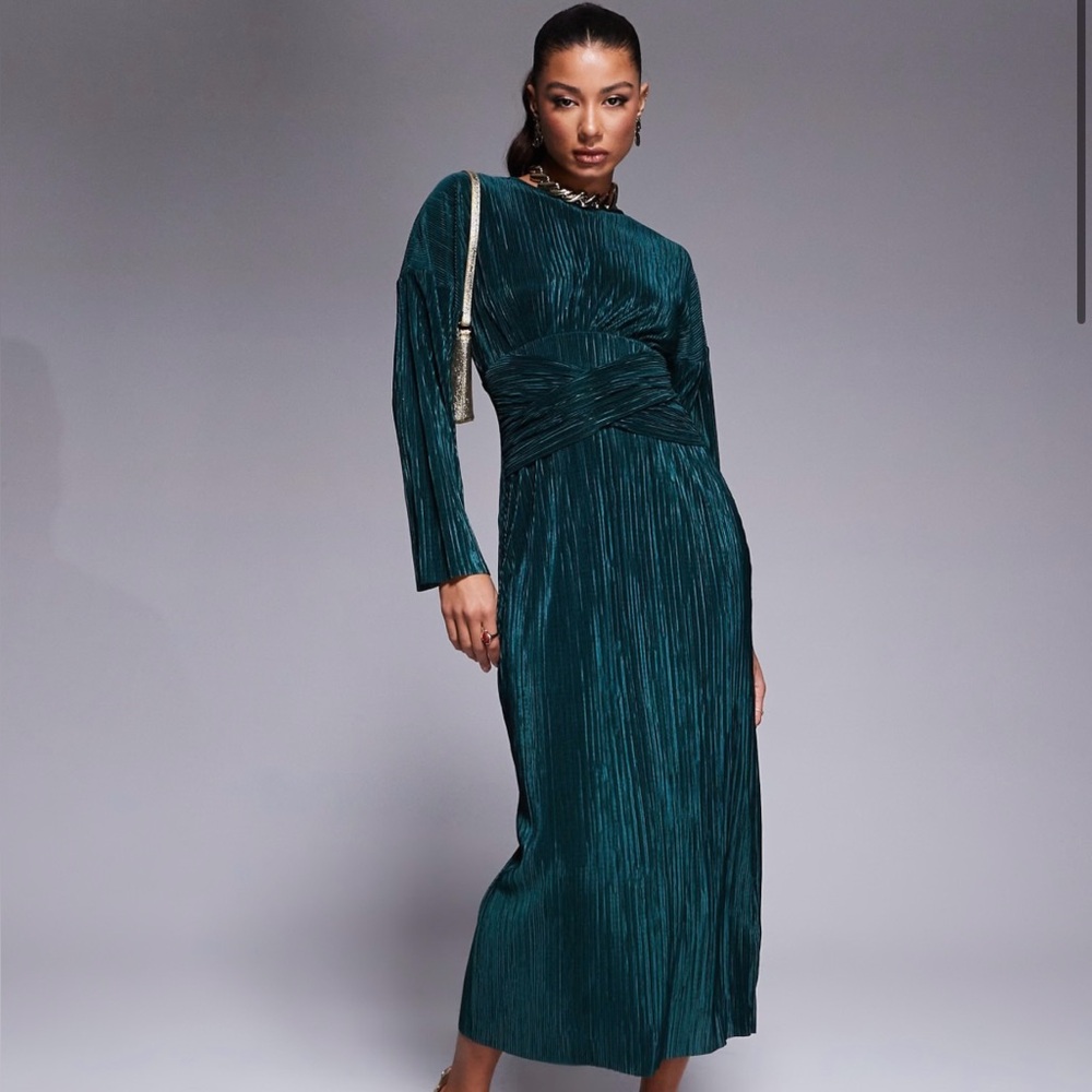 ASOS DESIGN plisse high neck long sleeve wrap waist maxi dress in dark green